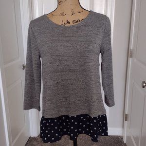Loft Sweater Shirt Top Blouse Grey/  Navy Print Mixed Media Size Small